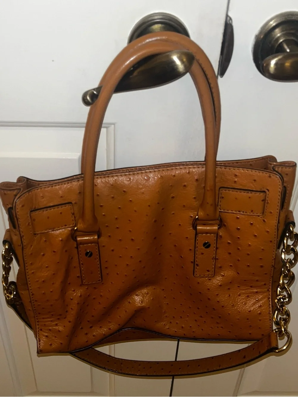 Michael Kors Cognac Ostrich-Embossed Satchel with Gold Hardware